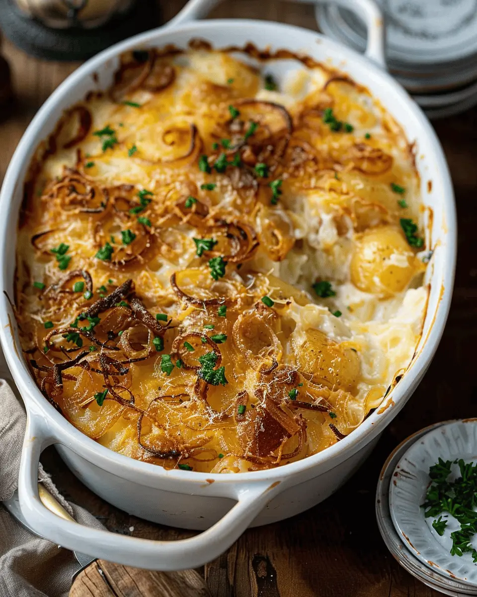 French Onion Funeral Potatoes with Turkey Bacon Delightfully Cheesy