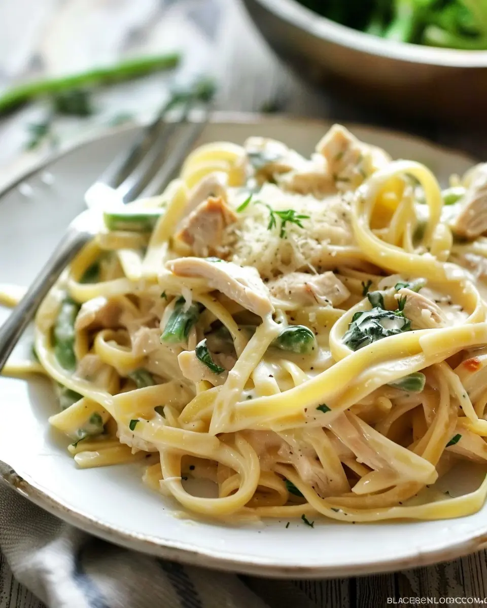 Creamy leftover rotisserie chicken pasta with turkey bacon delight