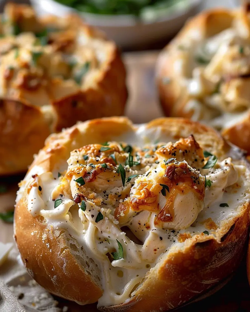 Chicken Alfredo Garlic Bread Bowls