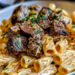 Cajun Steak Tips in Cheesy Rigatoni Parmesan Sauce