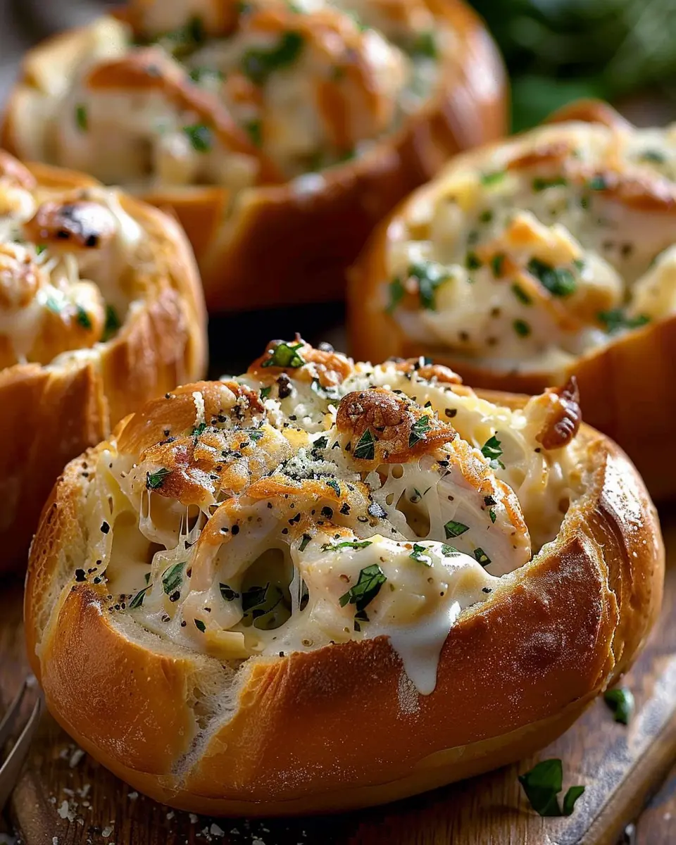 Chicken Alfredo Garlic Bread Bowls
