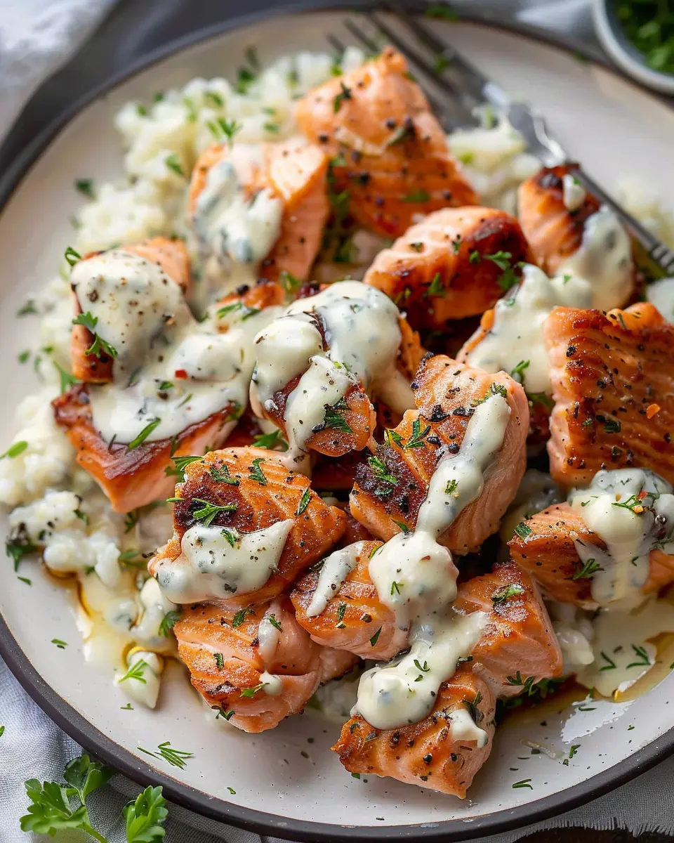 Air Fryer Salmon Bites with Garlic Cream Sauce